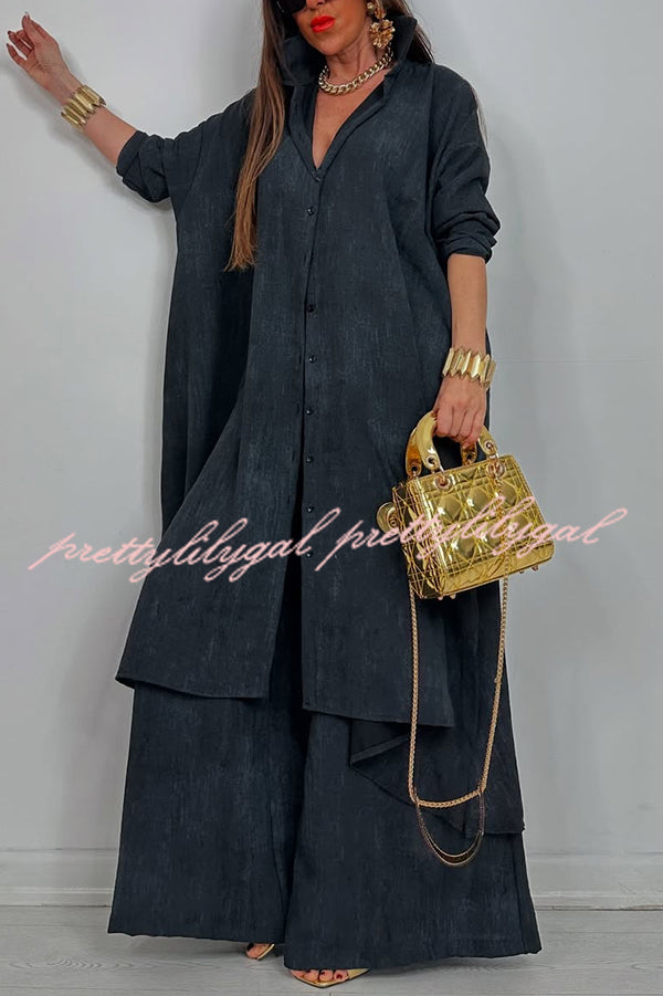 Solid Color Casual Loose Long Shirt and Elastic Waist Pocket Wide Leg Pants Set