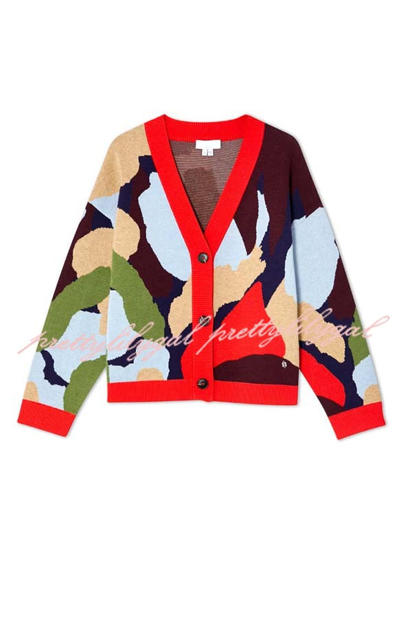Bright and Bold Knit Abstract Color Blocks Button Long Sleeve Loose Cardigan
