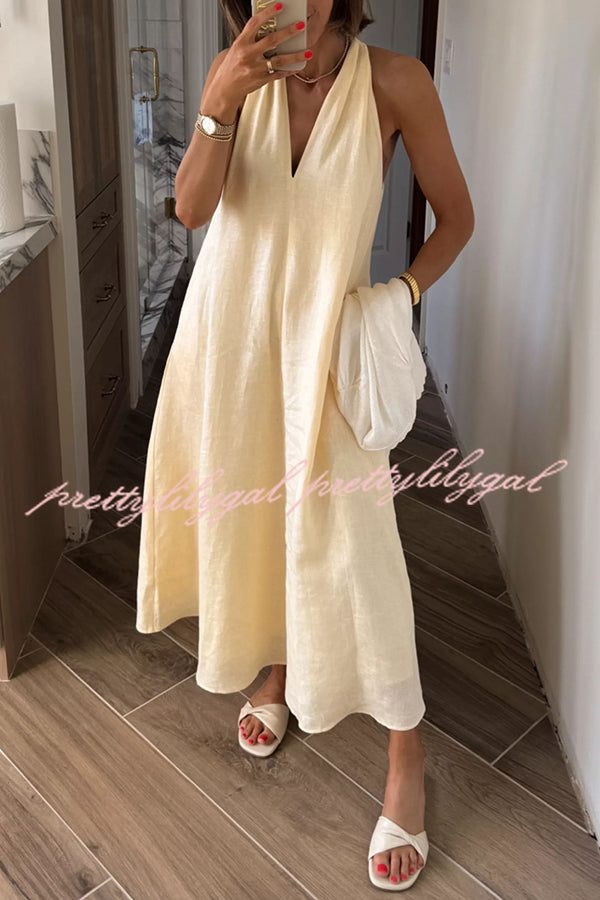 Old Money Style Linen Blend Back Twisted Pocket A-line Midi Dress