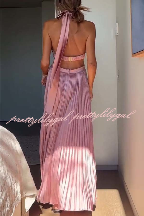 Stunning Choice Satin Pleated Halter High Neck Cutout Waist Backless Maxi Dress