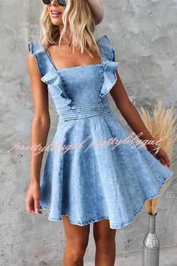 Sweet Secret Denim Square Neck Ruffle Sleeve Stretch Mini Dress