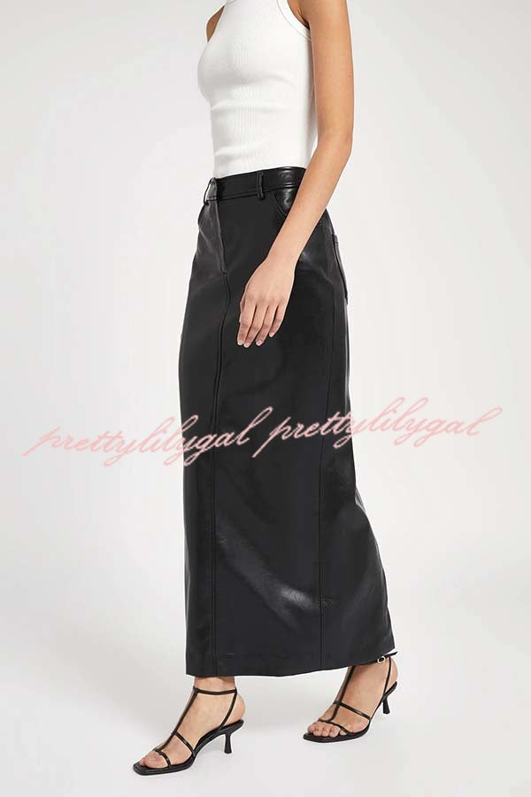 Classic Feel Faux Leather Mid Rise Pocket Slit Stretch Maix Skirt