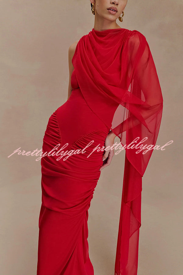 Fashionable Mesh Shawl Sleeveless Slim Fit Pleated Maxi Dress