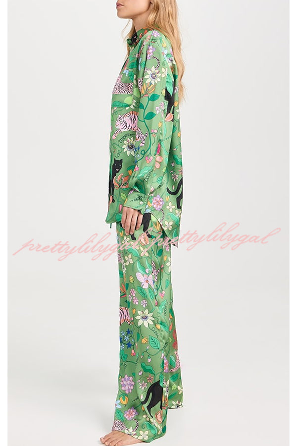 Quiet Jungle Satin Unique Print Long Sleeve Shirt and Elastic Waist Pocket Lounge Pants Set