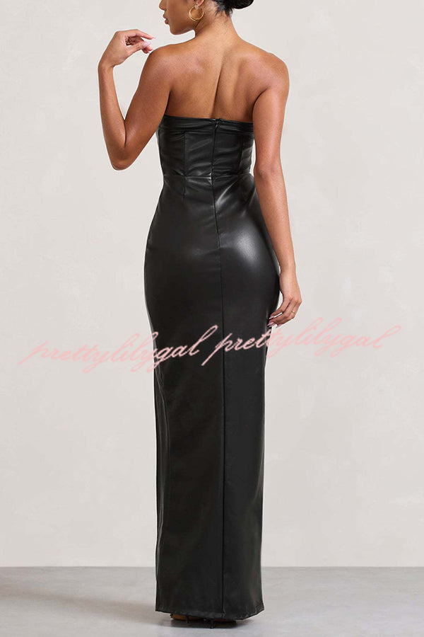 Sexy Meaning Faux Leather Strapless Bandeau Split Maxi Dress