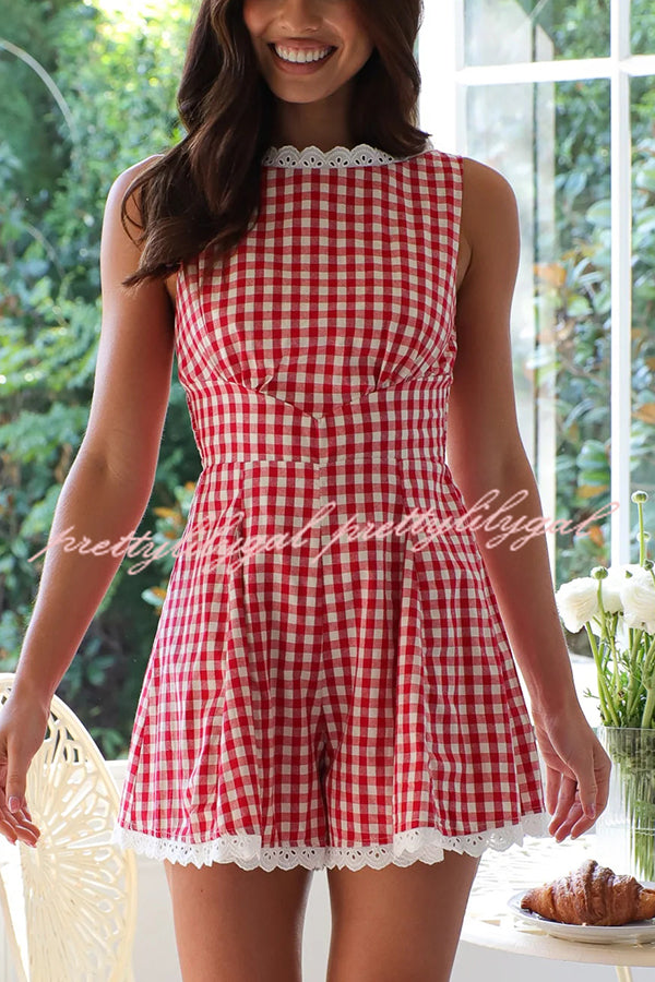 Plaid Print Sleeveless Pleated Waist Casual Rompers