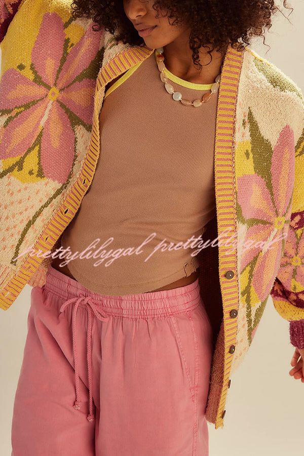 Floral Pattern Loose Long-sleeved Knitted Cardigan