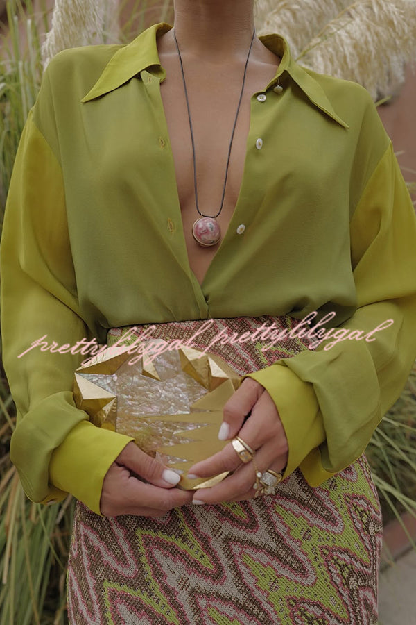 Moonlit Waltz Gradient Print Button Up Long Sleeve Loose Blouse
