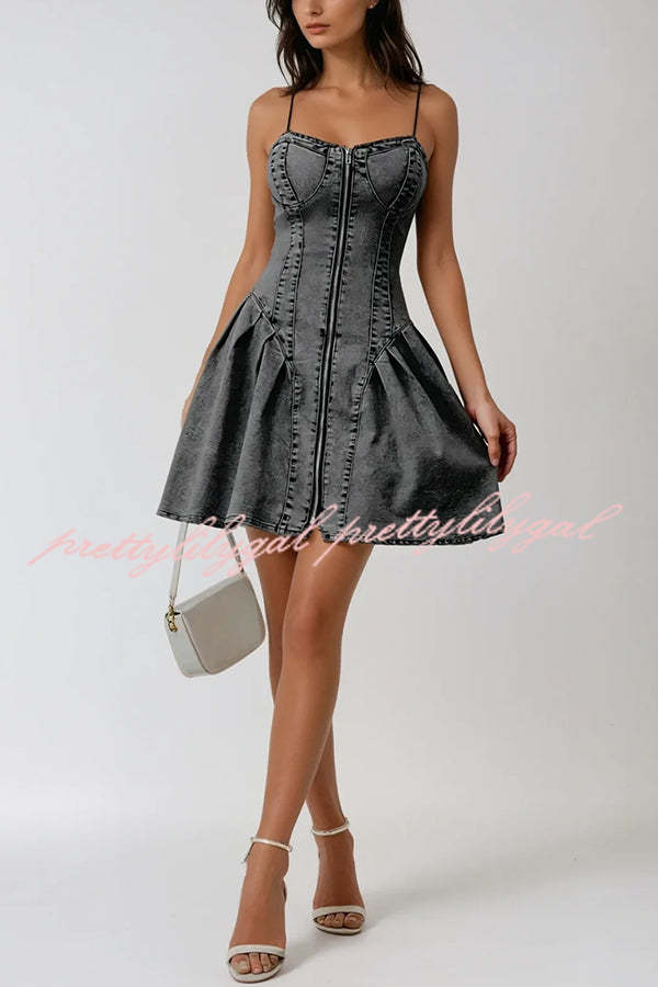 Fashionable Patchwork Suspender Zipper Slim Denim Mini Dress