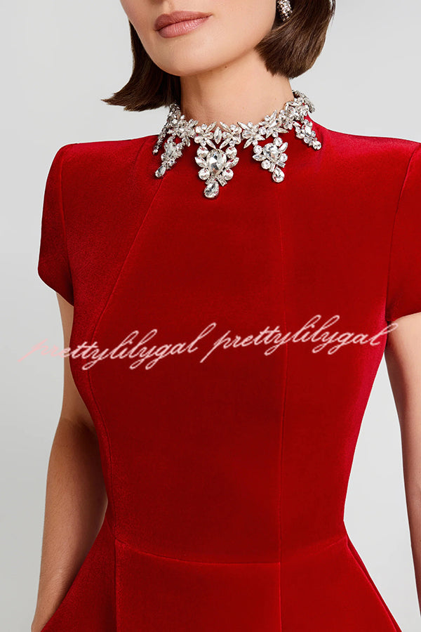 Regan Luxurious Velvet Jewel-encrusted Turtleneck Short Sleeve Pocket Tulip Mini Dress