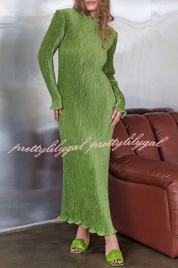 Hansin Satin Pleated Fabric Long Sleeve Wavy Trim H-line Slit Midi Dress
