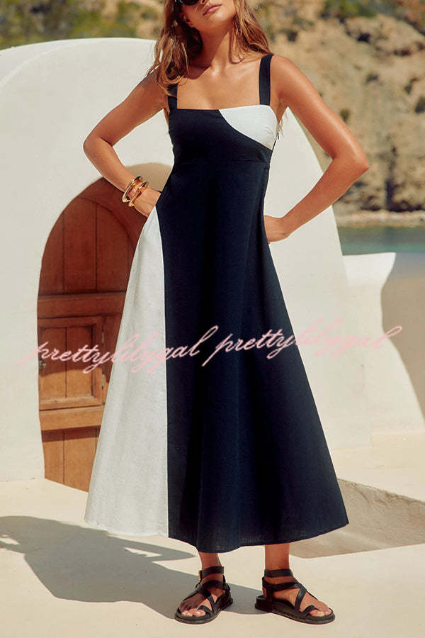 Simple and Stylish Contrast Color Sling Back Smocked Maxi Dress