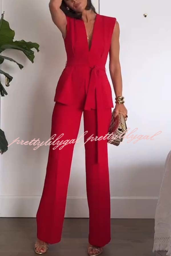 Keep It Classic V-neck Belted Vest and Mid Rise Pocket Wide Leg Pants Set