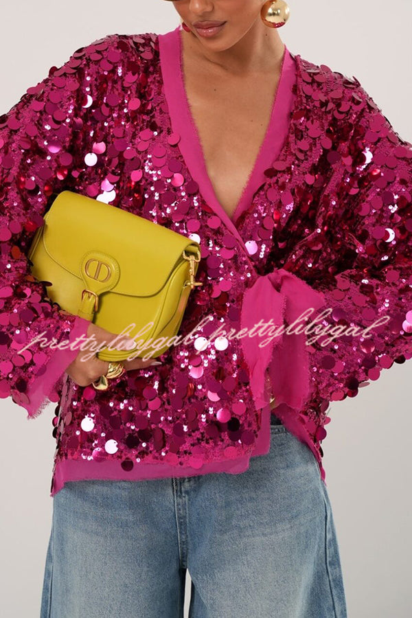 Fashion Sequined Long-sleeved V-neck Loose Lace-up Cardigan