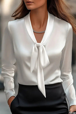 Satin Solid Color V-neck Tie Long Sleeve Elegant Shirt