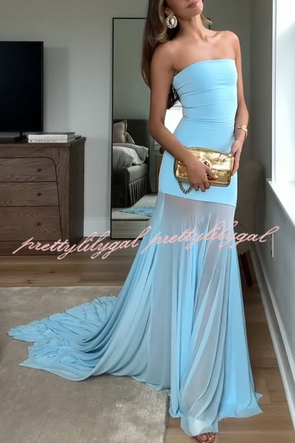 Blue Sky Off Shoulder Contrast Sheer Mesh Fabric Stretch Maxi Dress