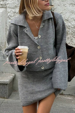 Fashion Lapel Bell Sleeve Knitted Cardigan and Casual Mini Skirt Set