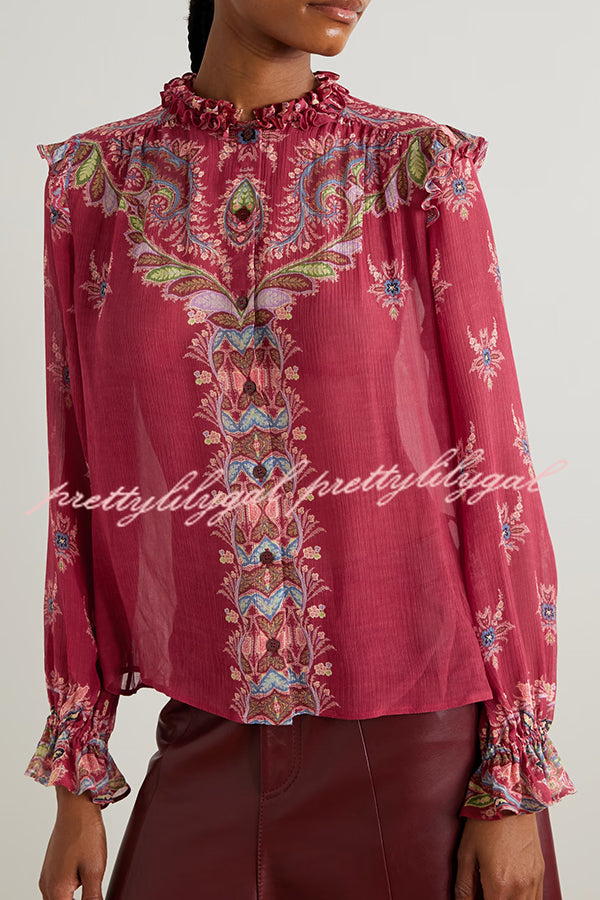 Unique Printed Chiffon Long-sleeved Loose Shirt and Elegant Ruffled Maxi Skirt Set