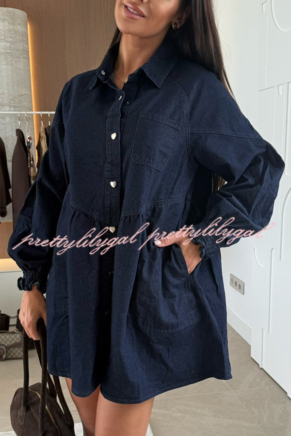 Fashion Heart Button Long Sleeve Casual Pocket Denim Mini Dress