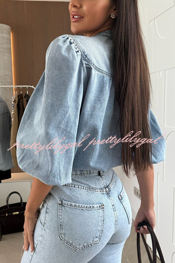 Fashion V-neck Button-down Lantern Sleeve Casual Denim Shirt