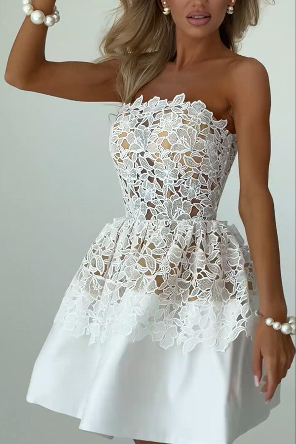 Angie Embroidered Floral Lace Patchwork Off Shoulder Tulip Hem Mini Dress