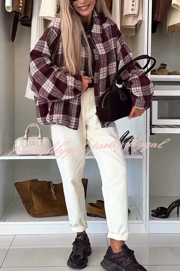 Fashion Plaid Print Lapel Long Sleeve Loose Zipper Jacket