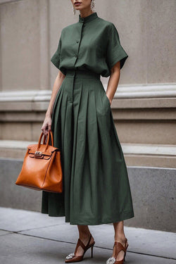 Fashionable Stand-up Collar Short-sleeved Casual Shirt and Pleated Pocket Midi Skirt Set