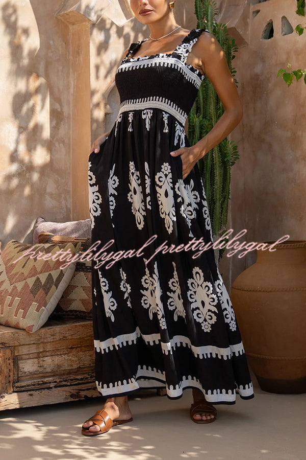 National Boho Style Unique Print Smocked Bust Wide Strap Pocket Maxi Dress