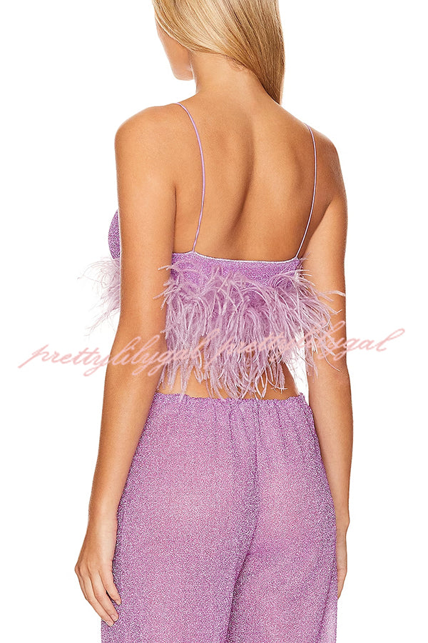 Music Carnival Glitter Stretch Fabric Feather Trim Tank and Elastic Waisted Flared Pants Set