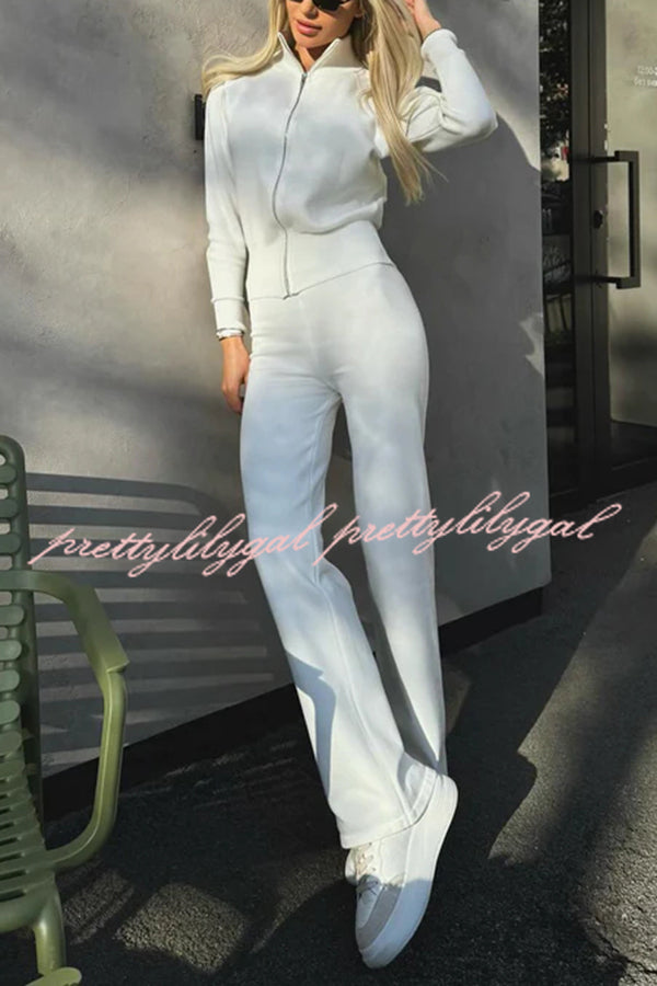 Cozycore Knit Zipper Long Sleeve Cardigan and Stretch Wide Leg Pants Set