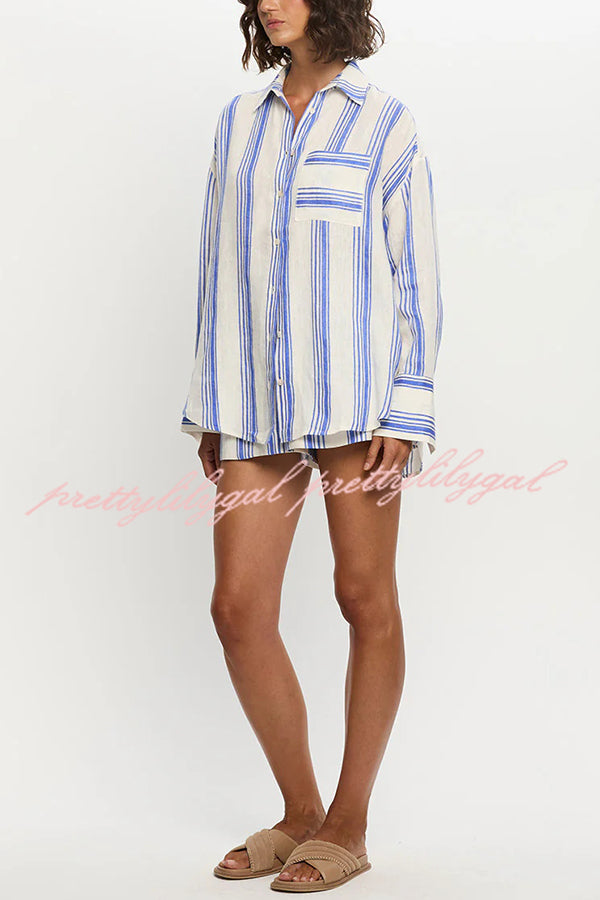 Stripe Print Lapel Long-sleeved Casual Shirt and Elastic Waist Loose Shorts Set