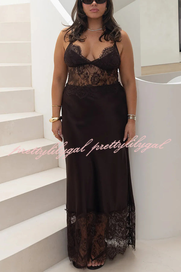 Elegant Evening Satin Lace Patchwork See-through Waist Slip Maxi Dress