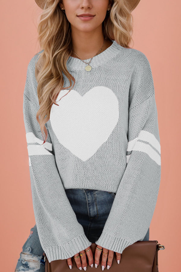 Fashionable Heart-shaped Jacquard Long-sleeved Loose Knit Sweater