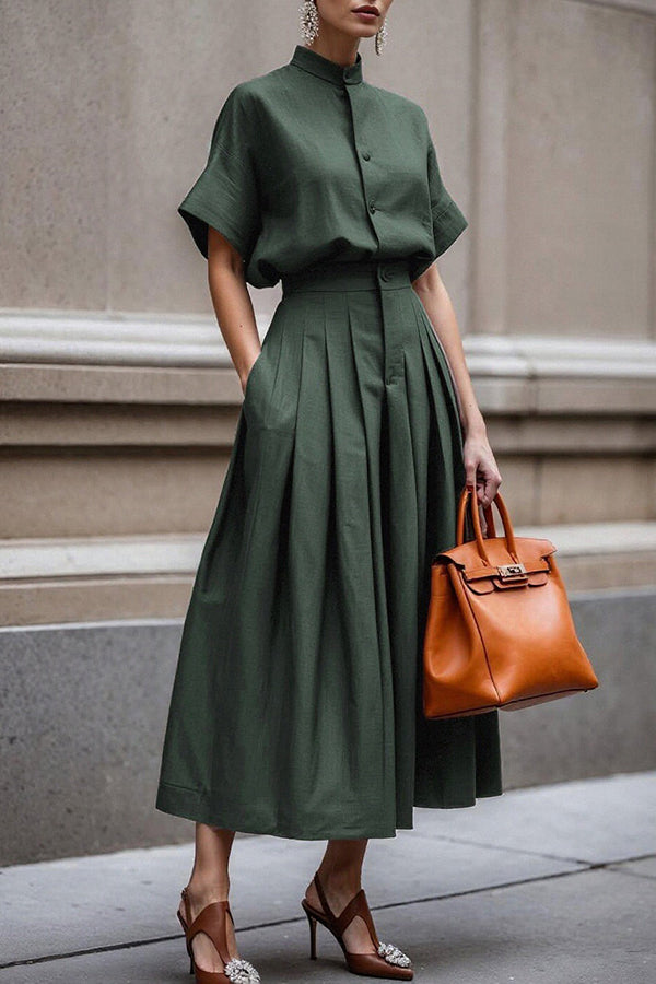Fashionable Stand-up Collar Short-sleeved Casual Shirt and Pleated Pocket Midi Skirt Set