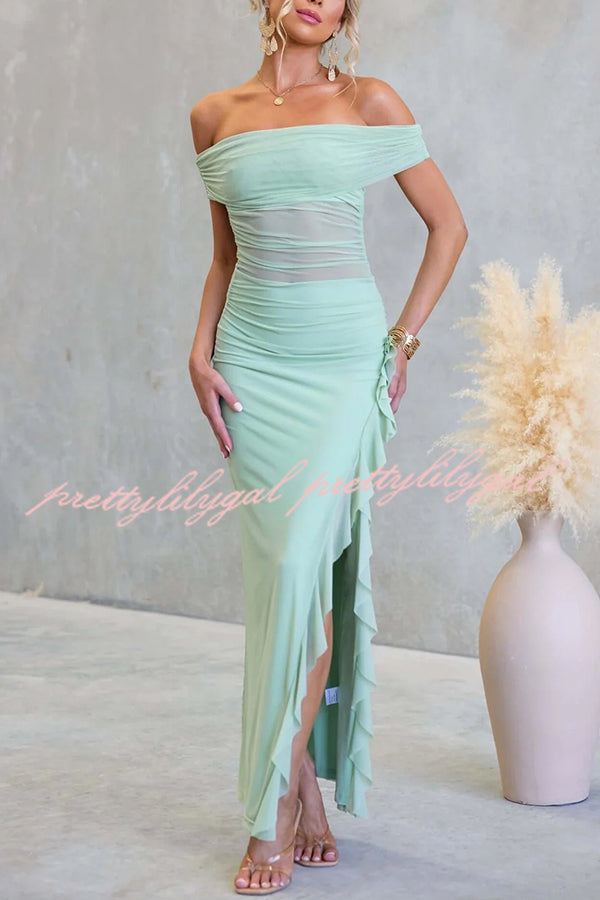Sexy Mesh Off-shoulder Slim Fit Ruffled Slit Maxi Dress