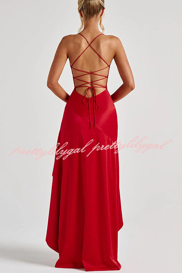 Samira Satin Back Lace-up Ruffles High Low Slit Maxi Dress