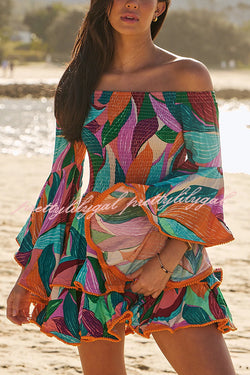 Unique Print Off The Shoulder Pleated Bell Sleeve Fitted Mini Dress