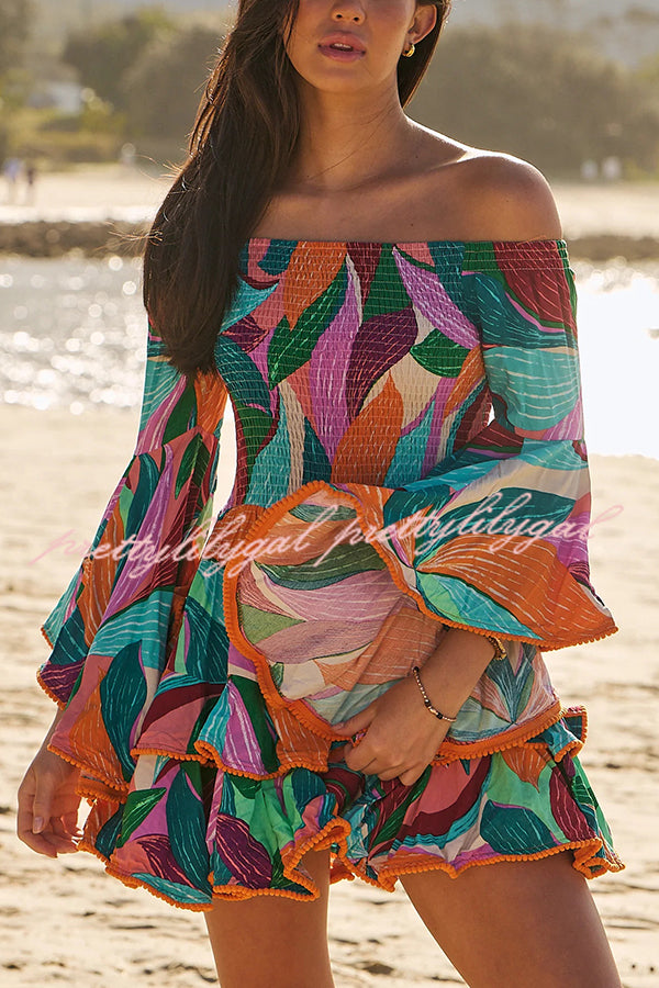 Unique Print Off The Shoulder Pleated Bell Sleeve Fitted Mini Dress