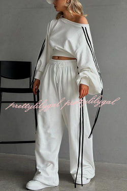 Contrast Color Webbing Casual Sweatshirt and Elastic Waist Tie Loose Pants Set