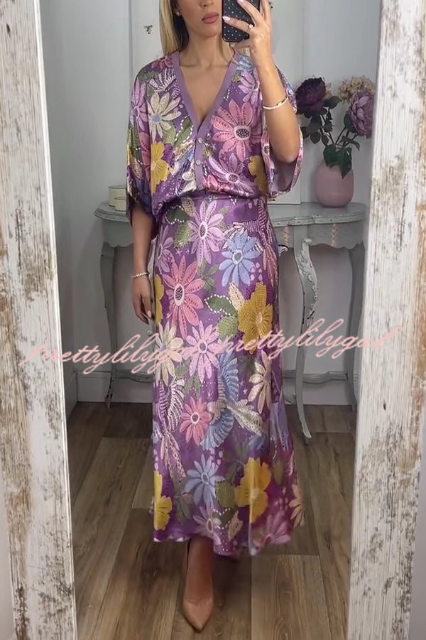 Satin Floral Print V-neck Half-sleeve Loose Top and Elegant Maxi Skirt Set