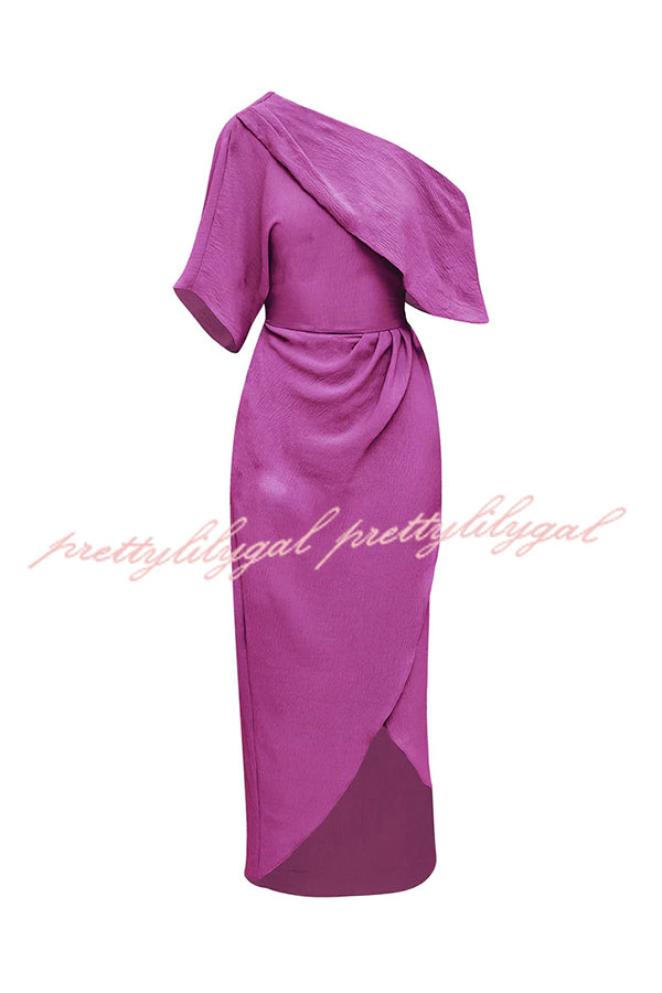 Whispered Yes Satin Irregular Lapel Neckline Design Ruched Maxi Dress