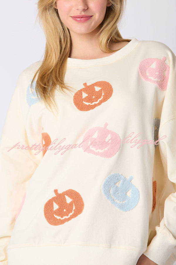 Halloween Colorful Pumpkin Embroidered Loose Casual Sweatshirt