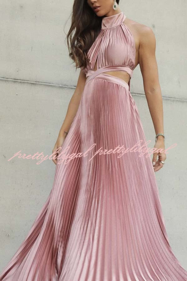 Stunning Choice Satin Pleated Halter High Neck Cutout Waist Backless Maxi Dress