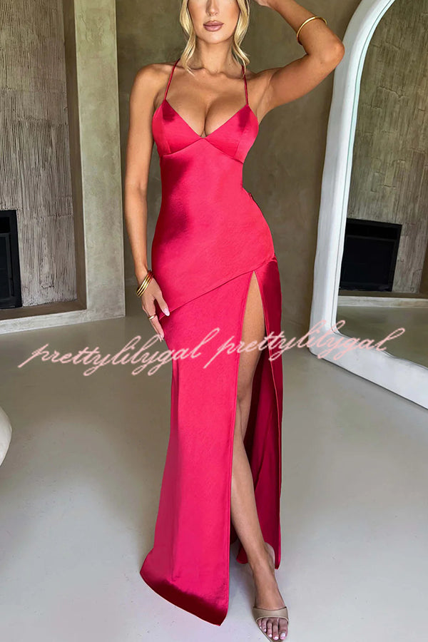 Satin Solid Color Sexy Backless Lace Up High Slit Maxi Dress