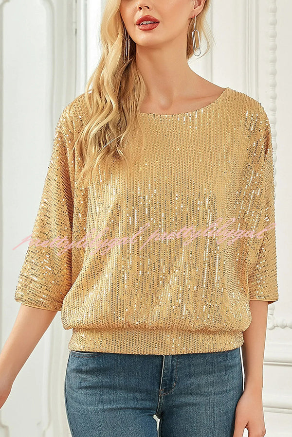 Solid Color Sequined Loose Round Neck Casual Top