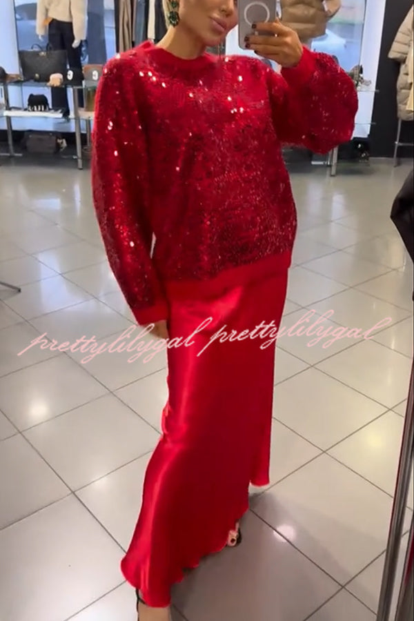 Celebration Day Sequin Patchwork Loose Sweatshirt and Satin Elastic Waist Maxi Skirt Set