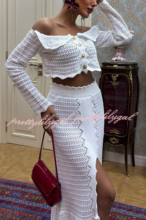 Fashion Knitted Off-the-shoulder Long-sleeved Top and Elastic Slit Maxi Skirt Set