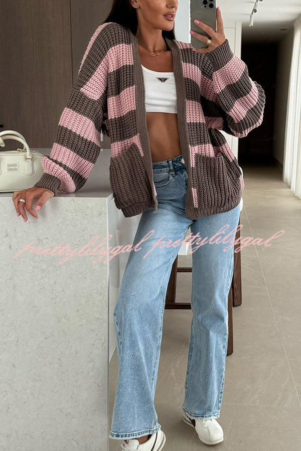 Fashionable Patchwork Striped Casual Pocket Knitted Sweater
