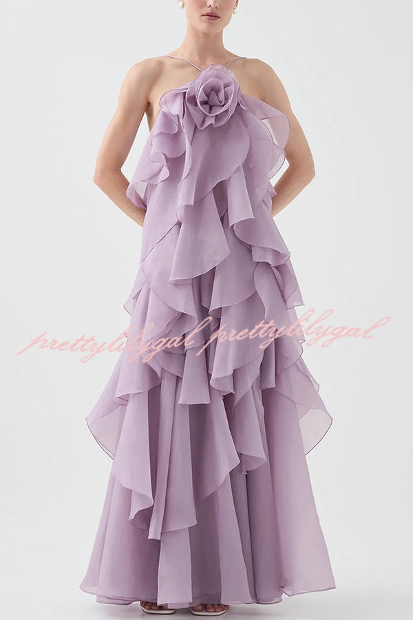 Free - Flowing Rose Detail Tiered Ruffles Halter A-line Maxi Dress
