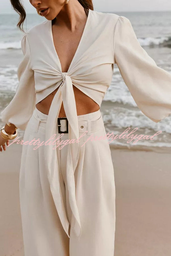 Lets Go Out Linen Blend Balloon Sleeve Wrap Tie-up Loose Top